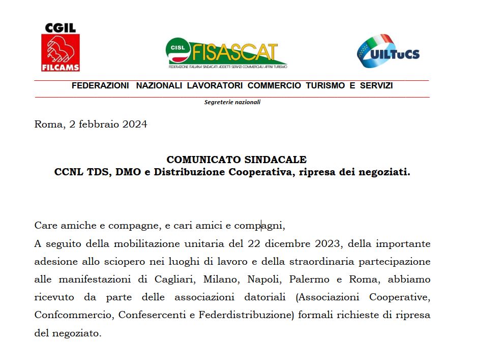 COMUNICATO SINDACALE - Filcams CGIL - Fisascat CISL - Uiltucs UIL - CCNL RIPRESA DEI NEGOZIATI
